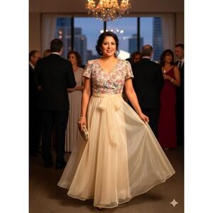 JONATHAN TAIT vintage Floral SequinedWrap Dress Gown Champagne Ivory Size 14